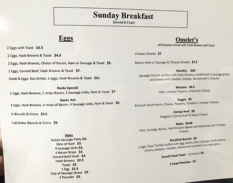 menu on the rocks breakfast